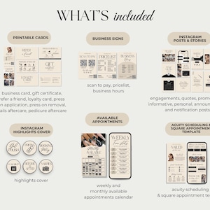 May include: A beige graphic with the text "WHAT'S included" and various digital marketing templates. Includes printable cards, business signs, Instagram posts, highlights covers, appointment calendars, and scheduling templates.