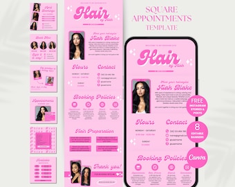 May include: Pink and white square Instagram story template for a hair salon called "Hair by Niah". The template includes a photo of a woman with long black hair, the salon's name, hours, contact information, booking policies, and a thank you message. The template is designed to be used on Canva.