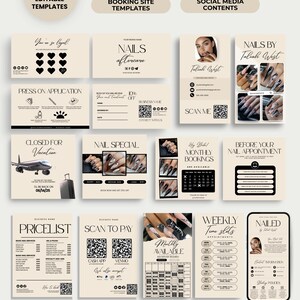 May include: A collection of editable nail tech templates in a beige and black color scheme. Includes printable cards, business signs, booking site templates, and social media content. The templates feature various designs and information for nail technicians.