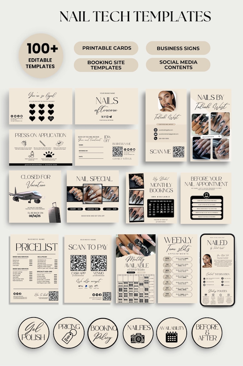 May include: A collection of editable nail tech templates in a beige and black color scheme. Includes printable cards, business signs, booking site templates, and social media content. The templates feature various designs and information for nail technicians.