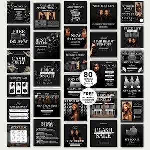 Puede incluir: Una colección de 80 plantillas de folletos editables en blanco y negro para negocios de peluquería. Los diseños incluyen texto, fotografías de personas con cabello estilizado e iconos para reservas, precios y ventas.