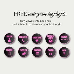 May include: An image promoting Instagram highlights, with the text "FREE instagram highlights". It features black and pink circular icons with text such as "CONTACT US", "CLIENT LOVE", and "FAQS".