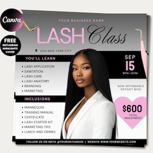 Könnte beinhalten: Werbeflyer für einen Wimpern-Kurs, mit einer Frau in einem weißen Blazer. Der Flyer enthält Text über den Kursinhalt, Datum, Uhrzeit und Investition. Das Design integriert rosa und schwarze Elemente.