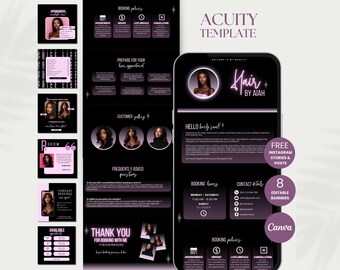 May include: A black and pink digital template for Acuity scheduling, featuring a woman's face, the text "Hair by Aiah", and the words "Free Instagram Stories & Posts" and "8 Editable Banners".