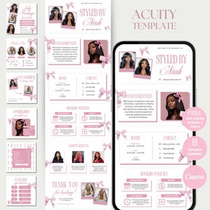 May include: A pink and white Acuity template for hair stylists, with a phone mockup and social media posts. The design includes images of hairstyles, booking information, and the text "Styled by Siah."