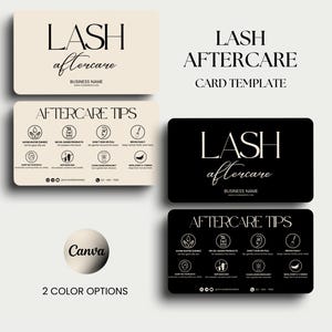 Puede incluir: Plantilla de tarjeta digital para el cuidado posterior de pestañas, con dos opciones de color. El diseño incluye las palabras "LASH aftercare" en tipografía elegante, junto con "AFTERCARE TIPS" y un marcador de posición para el nombre de la empresa. Disponible en negro y beige.