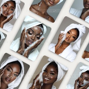 May include: A collage of nine images featuring people of color with white towels wrapped around their heads, applying face masks and washing their faces with a white, foamy cleanser.
