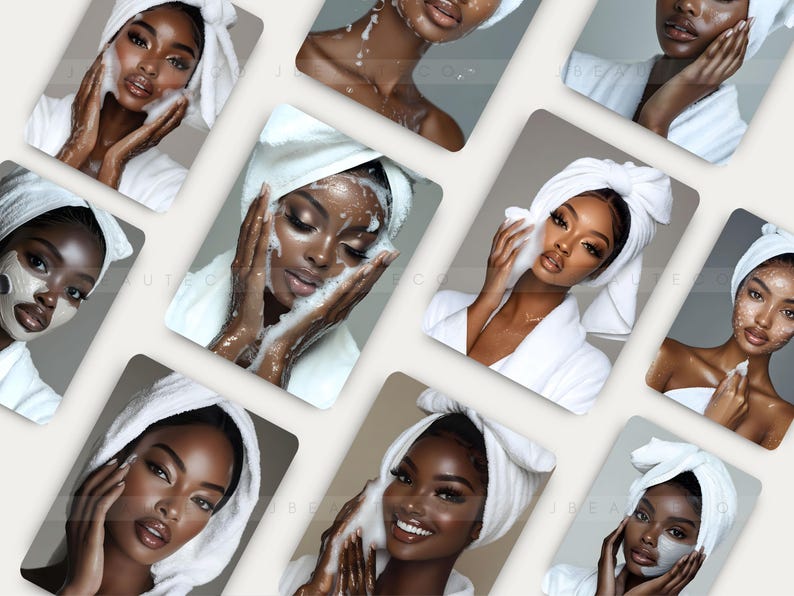 May include: A collage of nine images featuring people of color with white towels wrapped around their heads, applying face masks and washing their faces with a white, foamy cleanser.