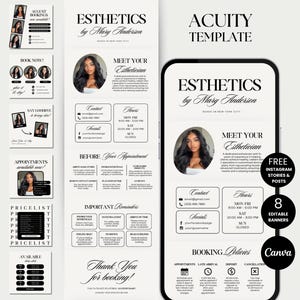 Peut inclure: Modèle d'entreprise d'esthéticienne avec le texte "ESTHETICS by Mary Anderson" et "ACUITY TEMPLATE". Comprend des stories et des posts Instagram, 8 bannières modifiables et l'intégration de Canva. Comprend les détails de réservation, les coordonnées et une photo de l'esthéticienne.