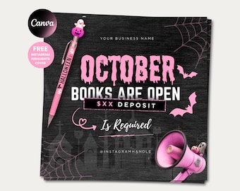 May include: A Halloween-themed graphic with pink text that reads "October Books Are Open." The design includes bats, a megaphone, and a pen with a pumpkin and ghost topper. The background is black with a wood grain texture.
