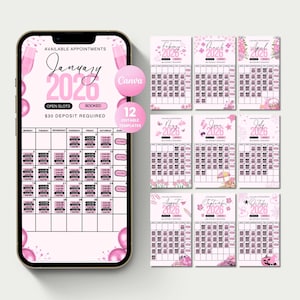 May include: A digital planner template for 2026, displayed on a smartphone and twelve separate calendar pages. The design features a pink and white color scheme with balloon and champagne graphics. The phone screen shows January's calendar with appointment slots.