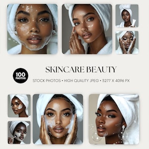 May include: A collection of 100 stock photos featuring women with various skincare routines. The photos are high quality JPEGs, measuring 3277 x 4096 pixels. The photos showcase women with different skin tones and ethnicities, applying skincare products, wearing face masks, and relaxing in spa-like settings.