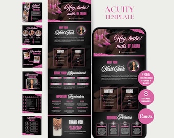 Puede incluir: Una plantilla de marketing digital para técnicos de uñas, con un diseño en negro y rosa. La plantilla incluye historias de Instagram, publicaciones y banners editables. El texto incluye "Hey, babe! nails by TALIAH" y "Meet Your Nail Tech."