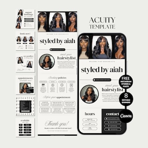 Puede incluir: Un conjunto de plantillas de marketing digital para Acuity con un esquema de color en blanco y negro. El diseño incluye una interfaz de teléfono móvil, cuadrados para redes sociales y pancartas con texto como styled by aiah, meet your hairstylist y booking policies. El diseño muestra información sobre servicios de peluquería.