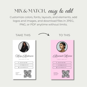 May include: Two business card mockups with different coloured backgrounds. The left card is white with a black and white photo of a woman and the text "Mary Anderson, Esthetician". The right card is pink with a black and white photo of a woman and the text "Amarah Monroe, Lash Artist". Both cards have contact information, a QR code, and the text "Scan me for a fresh glow" and "Scan me for a new lash set".