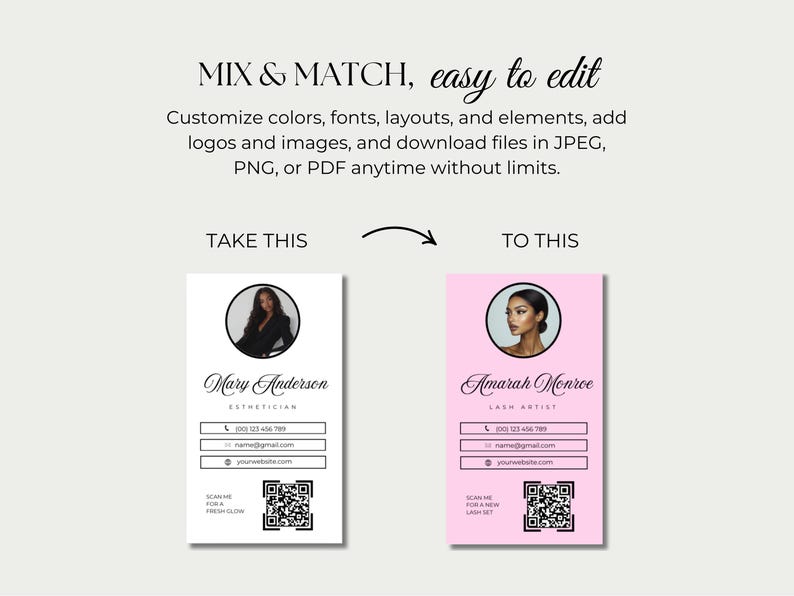 May include: Two business card mockups with different coloured backgrounds. The left card is white with a black and white photo of a woman and the text "Mary Anderson, Esthetician". The right card is pink with a black and white photo of a woman and the text "Amarah Monroe, Lash Artist". Both cards have contact information, a QR code, and the text "Scan me for a fresh glow" and "Scan me for a new lash set".