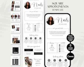 May include: A black and white template for square Instagram posts and stories for nail appointments. The template includes a welcome message, a photo of a nail artist, hours of operation, contact information, booking policies, and a before your appointment section. The template also includes a call to action to book now and a tag line to tag the business on social media. The template is designed to be used with Canva.