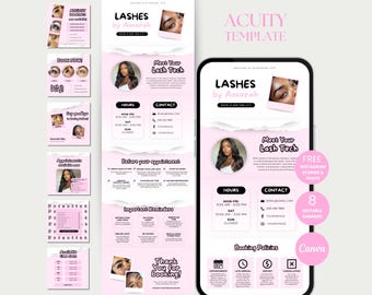 May include: Pink and white digital marketing template for a lash technician, featuring the text "Lashes by Amarah" and information about hours, contact, and booking policies. Includes a phone mockup and Instagram stories.