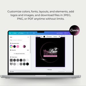 Puede incluir: Una computadora port&aacute;til muestra una interfaz de dise&ntilde;o con el texto "The Luxe Hair Company". La pantalla muestra opciones para personalizar colores, fuentes y dise&ntilde;os. El logotipo de Canva es visible en la esquina superior derecha. El texto en la pantalla dice: "Personaliza colores, fuentes, dise&ntilde;os y elementos, agrega logotipos e im&aacute;genes y descarga archivos en JPEG, PNG o PDF en cualquier momento sin l&iacute;mites."
