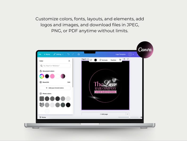 Puede incluir: Una computadora port&aacute;til muestra una interfaz de dise&ntilde;o con el texto "The Luxe Hair Company". La pantalla muestra opciones para personalizar colores, fuentes y dise&ntilde;os. El logotipo de Canva es visible en la esquina superior derecha. El texto en la pantalla dice: "Personaliza colores, fuentes, dise&ntilde;os y elementos, agrega logotipos e im&aacute;genes y descarga archivos en JPEG, PNG o PDF en cualquier momento sin l&iacute;mites."