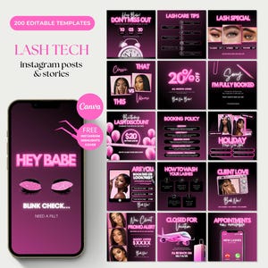 Może przedstawiać: Zestaw marketingu cyfrowego dla techników rzęs, zawierający 200 edytowalnych szablonów do postów i historii na Instagramie. Projekt jest w przeważającej mierze różowy i czarny, z tekstem, w tym "Lash Tech", "Hey Babe" i ofertami promocyjnymi.