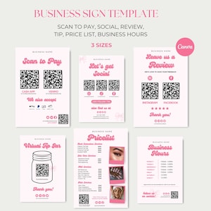 Pode incluir: Modelo de placa comercial rosa com texto: Scan to Pay, Social, Review, Tip, Price List, Business Hours. Inclui códigos QR e o logotipo Canva. Apresenta seis modelos de placa diferentes.