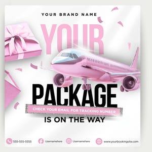 May include: Pink graphic with a pink airplane, gift boxes, and confetti. The text reads "YOUR PACKAGE IS ON THE WAY" with a call to check email for a tracking number. Brand name and contact info are also included.