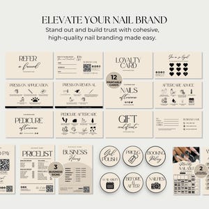 May include: A collection of 12 printable cards for nail salons, featuring a neutral color palette with black text. The cards include designs for loyalty, aftercare advice, gift certificates, and price lists. The text "ELEVATE YOUR NAIL BRAND" is at the top.