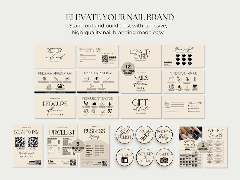 May include: A collection of 12 printable cards for nail salons, featuring a neutral color palette with black text. The cards include designs for loyalty, aftercare advice, gift certificates, and price lists. The text "ELEVATE YOUR NAIL BRAND" is at the top.