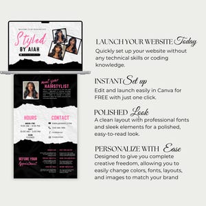 May include: A laptop displaying a website design for a hairstylist, with the text "Styled by Aiah." The design includes images of hairstyles, contact information, and a schedule. The website promises an instant setup and a polished look.