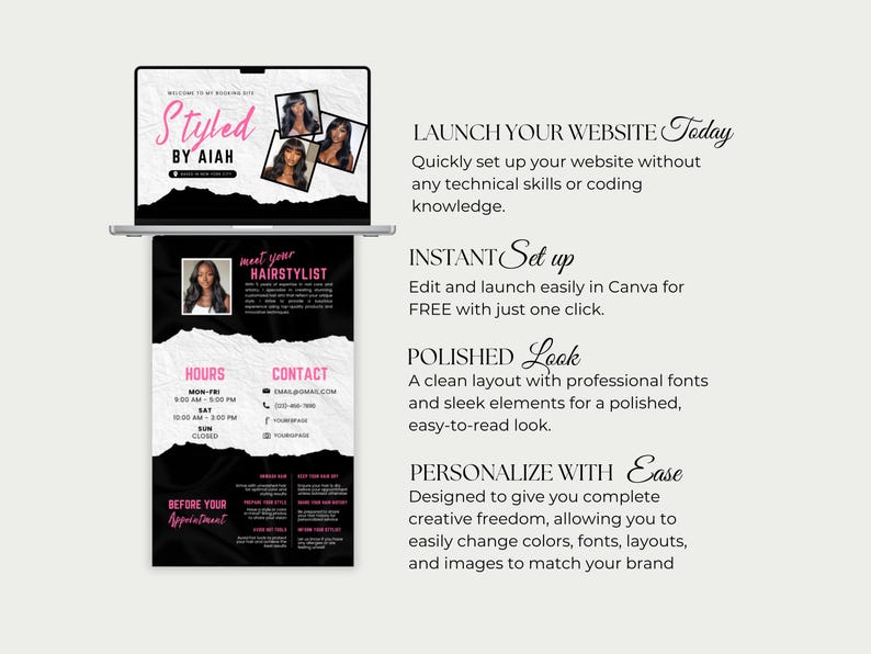 May include: A laptop displaying a website design for a hairstylist, with the text "Styled by Aiah." The design includes images of hairstyles, contact information, and a schedule. The website promises an instant setup and a polished look.