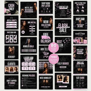 Puede incluir: Un conjunto de folletos de Instagram en negro y rosa con textos como «Solo efectivo», «Nueva colección» y «Venta flash». Los folletos promocionan paquetes de cabello, instalaciones de pelucas y otros servicios de belleza. La imagen también incluye el texto «80 folletos editables (2 tamaños)».