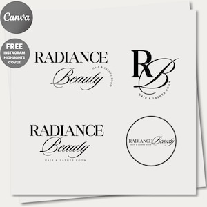 May include: A collection of black and white logos for a beauty business. The logos include the words "RADIANCE Beauty" in various fonts, along with the text "HAIR & LASHES ROOM". One logo features the letters "RB". The image also includes the Canva logo and text "FREE INSTAGRAM HIGHLIGHTS COVER".