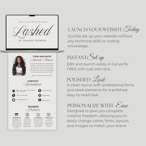 以下が含まれることがあります： ラップトップ画面に「Lashed by Amarah Monroe」のテキストが表示されたデジタルマーケティングテンプレート。下には、連絡先情報と予約ポリシーが表示されたチラシがあります。デザインは、エレガントなフォントを使用したニュートラルな色調です。