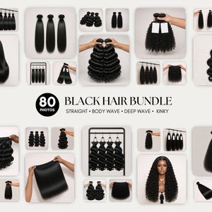 Puede incluir: Un collage de paquetes de cabello negro en varios estilos, incluyendo liso, ondulado, onda profunda y rizado. La imagen presenta múltiples fotos que muestran diferentes texturas y longitudes de extensiones de cabello, con el texto "80 Photos Black Hair Bundle".