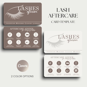 Puede incluir: Un conjunto de tarjetas de cuidado posterior de pestañas en dos opciones de color. Las tarjetas presentan el texto "Lashes Aftercare" y "Aftercare Advice" con iconos. El diseño incluye un gráfico de pestañas estilizado y el logotipo de Canva.