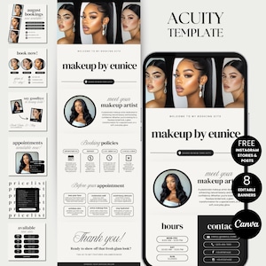 Pode incluir: Um modelo de marketing digital para uma maquiadora, com um mockup de telemóvel e vários gráficos promocionais. O design é em preto e branco, com texto como "makeup by eunice" e "meet your makeup artist."