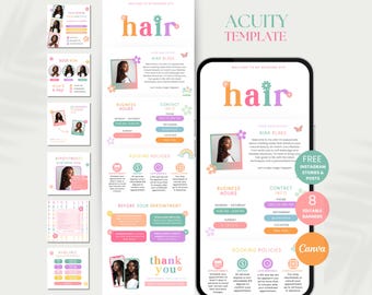 May include: A template for an Acuity scheduling website for a hair stylist. The template features a pink, green, and yellow color scheme with floral accents. The text "hair" is displayed in a large, colorful font. The template includes sections for business hours, contact information, booking policies, and a thank you message.