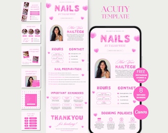 May include: Pink and white digital template for a nail salon, featuring the text "NAILS by Taliah West." Includes information on hours, contact, nail preparation, and booking policies. The template is designed for Instagram.
