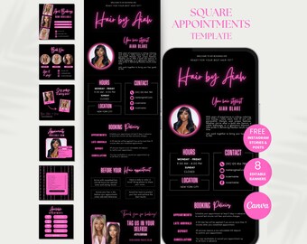 May include: A pink and black template for Instagram stories and posts for hair appointments. The template includes the text "Hair by Aiah", "Your hair stylist", "Aiah Blake", "Hours", "Contact", "Location", "Booking Policy", "Before Your Hair Appointment", "Thank you for booking! Tag us in your selfies!" and "Free Instagram Stories & Posts. 8 Editable Banners. Canva".
