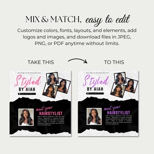 May include: A promotional graphic with the text "MIX & MATCH, easy to edit". It showcases a before-and-after design for a hairstylist, with the words "Styled by Aiah" and "meet your hairstylist". The design includes photos of women with hairstyles.