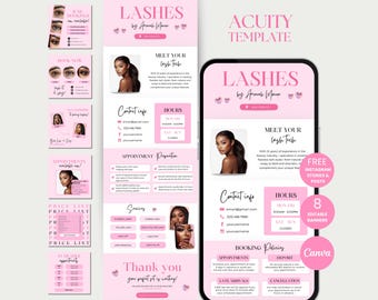 May include: Pink and white digital marketing template for lash technicians. The design includes a phone mockup, social media posts, and price lists. Text includes "Lashes by Arah Moon", "Meet Your Lash Tech", and "Book Now".