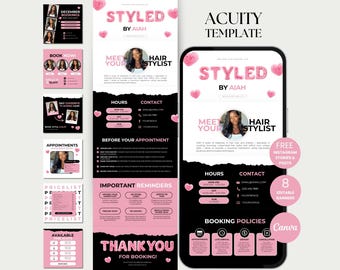 Szablon harmonogramu wizyt fryzjerskich Acuity Hair Stylista fryzur Acuity Rezerwacja Witryna internetowa harmonogramu wizyt fryzjerskich Technologia fryzjerska Witryna internetowa harmonogramu wizyt fryzjerskich Acuity Canva Witryna internetowa Acuity Hair