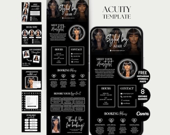 May include: Black and white digital template for a hair stylist, featuring the text "Styled by Aiah". The template includes sections for bookings, hours, contact information, and booking policies. It also has a section for Instagram stories and posts.