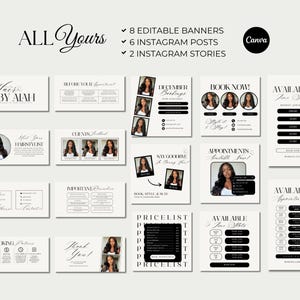 May include: A collection of digital marketing templates in black and white, including banners, Instagram posts, and stories. The templates feature the text "Hair by Aiah," appointment booking details, and a price list. The Canva logo is also visible.