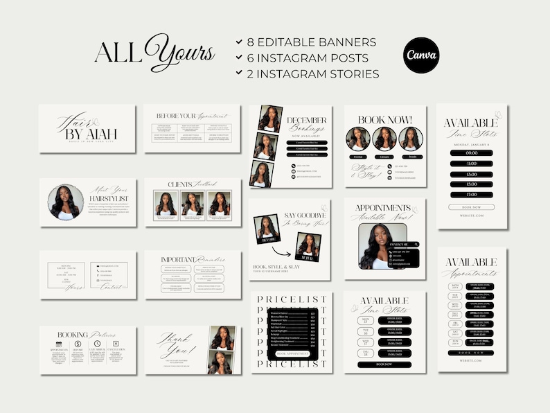 May include: A collection of digital marketing templates in black and white, including banners, Instagram posts, and stories. The templates feature the text "Hair by Aiah," appointment booking details, and a price list. The Canva logo is also visible.