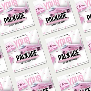 May include: A promotional graphic with a repeating pattern. Each square features a pink airplane, gift boxes, and the text "YOUR PACKAGE IS ON THE WAY." The design is on a white background with pink accents.