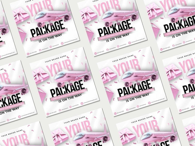 May include: A promotional graphic with a repeating pattern. Each square features a pink airplane, gift boxes, and the text "YOUR PACKAGE IS ON THE WAY." The design is on a white background with pink accents.
