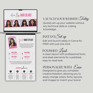 May include: A laptop displaying a website design with the text "Hair By Aiah Blake." The website features images of women with various hairstyles. Additional text includes "Launch Your Website Today" and "Meet Your Hair Stylist."