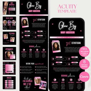 Op de afbeelding: Een zwart en roze digitale marketing sjabloon voor een schoonheidsspecialiste genaamd Mary Anderson. Het ontwerp bevat een telefoonmodel, Instagram-berichten, boekingsinformatie en de tekst "Glow By Mary Anderson". De sjabloon biedt bewerkbare banners en Canva-integratie.